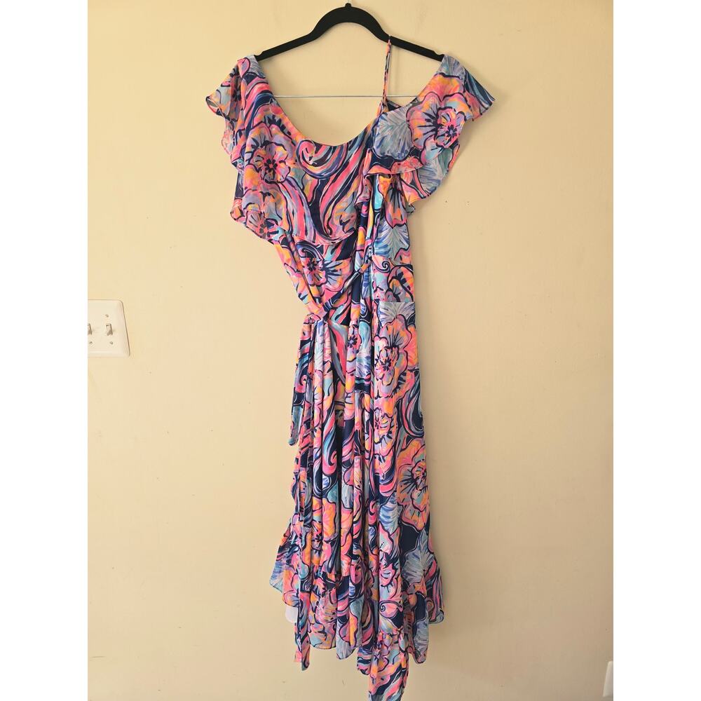 Lilly Pulitzer Marianna One Shoulder Floral Ruffle Wrap Midi Dress Size L - Picture 3 of 9
